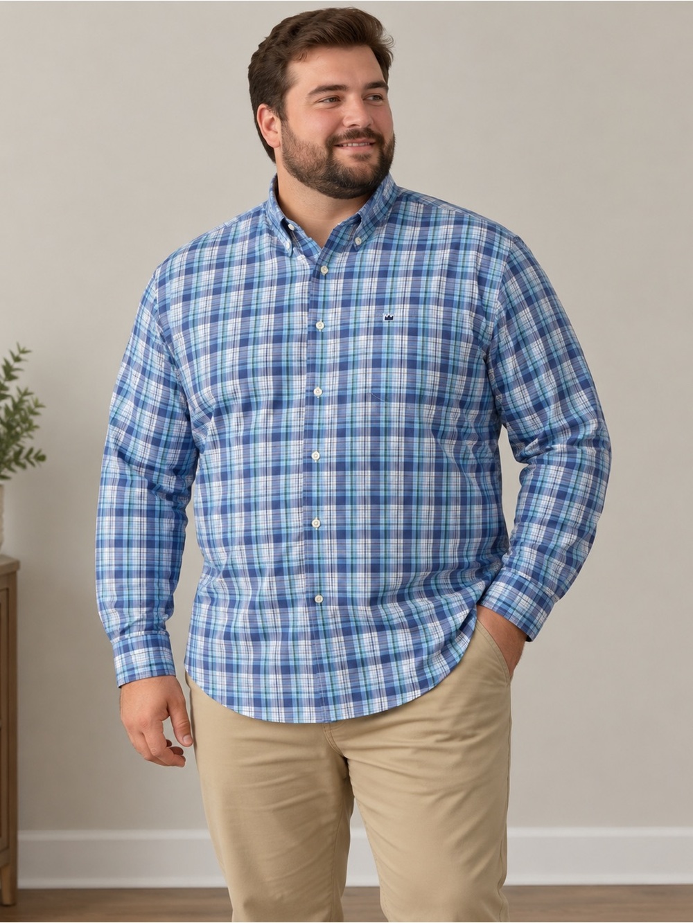 Crown & Ivy Men’s Large Blue Teal Plaid Button Down Shirt NWT